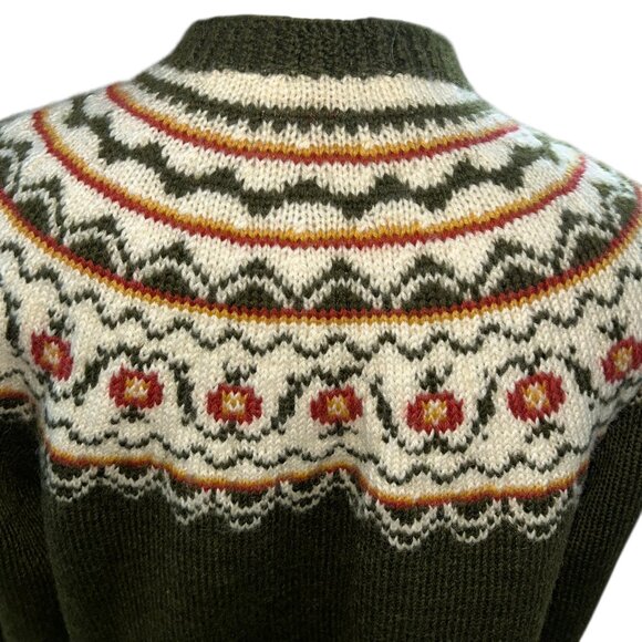 Fair Isle Norwegian Design pewter stamped buttons green gold orange cardigan M - Picture 5 of 6